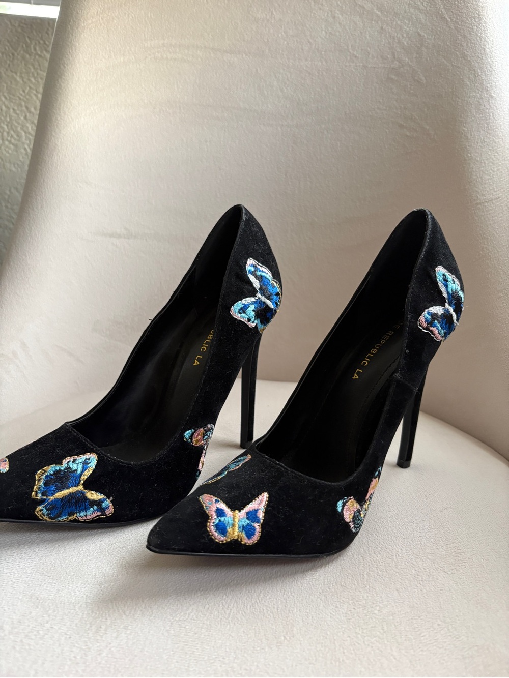 Black Velvet Pumps with Blue & Pink Butterfly Embroidery
